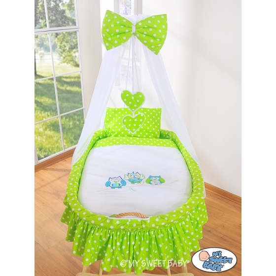 Baby Moses Basket on Wheels / Wicker drape crib- Owls green