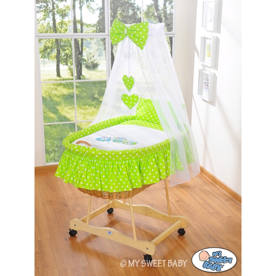 Baby Moses Basket on Wheels / Wicker drape crib- Owls green