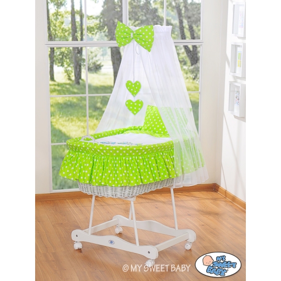 Baby Moses Basket on Wheels / Wicker drape crib- Owls green