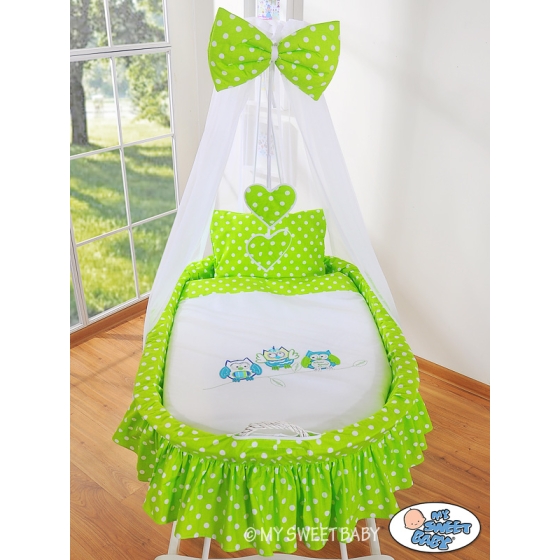 Baby Moses Basket on Wheels / Wicker drape crib- Owls green