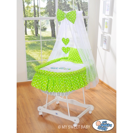 Baby Moses Basket on Wheels / Wicker drape crib- Owls green