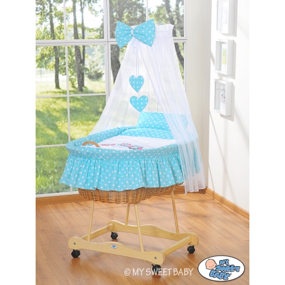 Baby Moses Basket on Wheels / Wicker drape crib- Owls turquoise