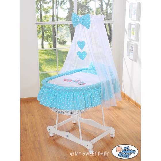 Baby Moses Basket on Wheels / Wicker drape crib- Owls turquoise