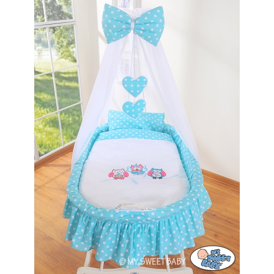 Baby Moses Basket on Wheels / Wicker drape crib- Owls turquoise