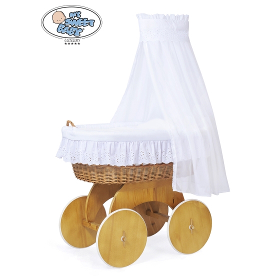 Baby Moses Basket on Wheels / Wicker drape crib Sophia White Bedding Set with White Embroidered Lace no 50202-912