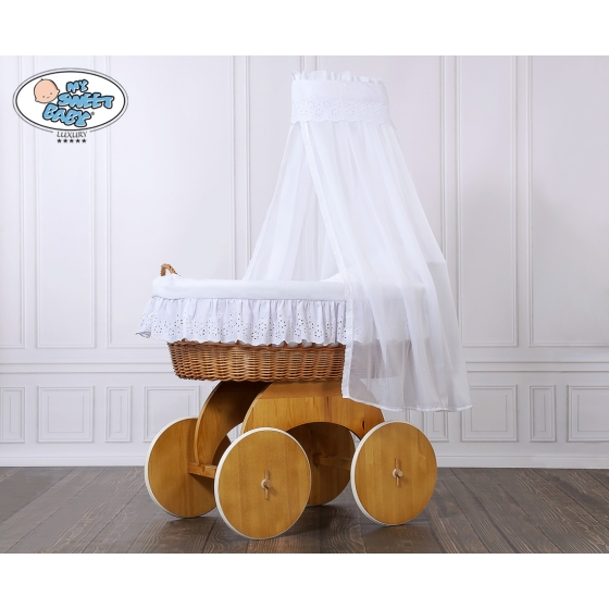 Baby Moses Basket on Wheels / Wicker drape crib Sophia White Bedding Set with White Embroidered Lace no 50202-912