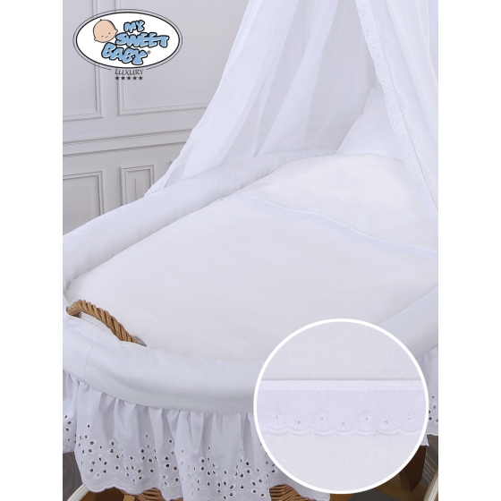 Baby Moses Basket on Wheels / Wicker drape crib Sophia White Bedding Set with White Embroidered Lace no 50202-912