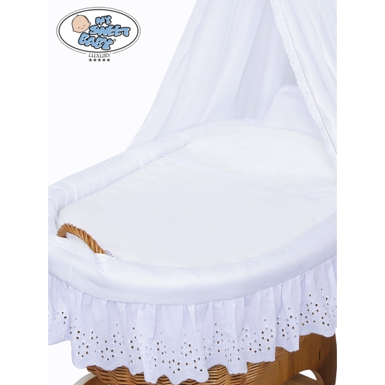 Baby Moses Basket on Wheels / Wicker drape crib Sophia White Bedding Set with White Embroidered Lace no 50202-912