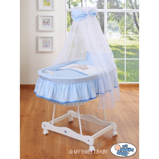Baby Moses Basket on Wheels / Wicker drape crib- Teddy Bear Barnaba blue