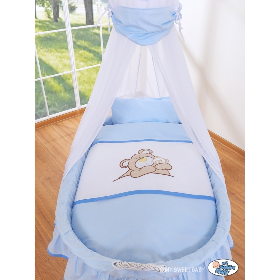 Baby Moses Basket on Wheels / Wicker drape crib- Teddy Bear Barnaba blue