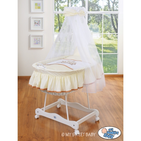 Baby Moses Basket on Wheels / Wicker drape crib- Teddy Bear Barnaba cream