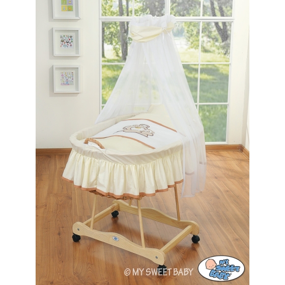 Baby Moses Basket on Wheels / Wicker drape crib- Teddy Bear Barnaba cream