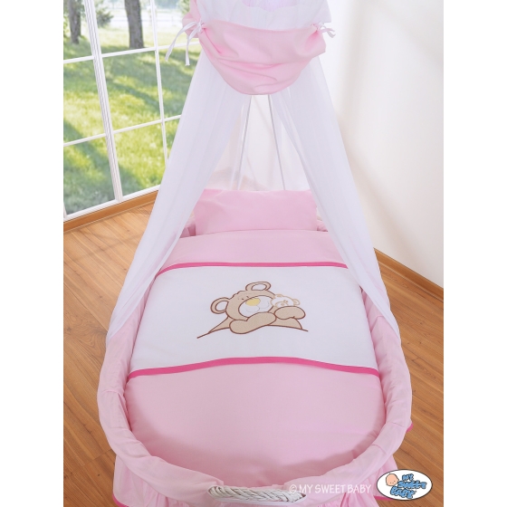 Baby Moses Basket on Wheels / Wicker drape crib- Teddy Bear Barnaba pink