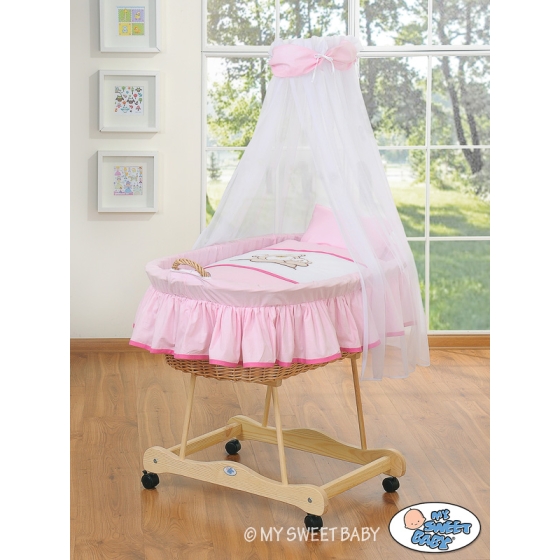 Baby Moses Basket on Wheels / Wicker drape crib- Teddy Bear Barnaba pink