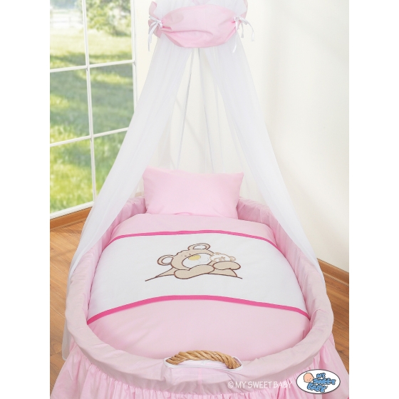 Baby Moses Basket on Wheels / Wicker drape crib- Teddy Bear Barnaba pink