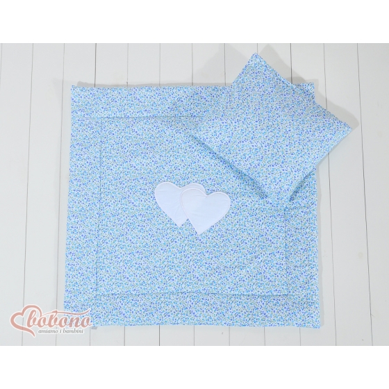 Baby pram bedding set 2pcs- Hanging hearts blue flowers