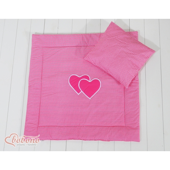 Baby pram bedding set 2pcs- Hanging hearts dark pink checkered