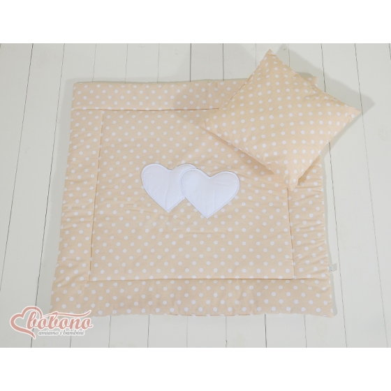 Baby pram bedding set 2pcs- Hanging hearts white dots on beige