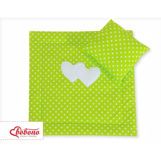 Baby pram bedding set 2pcs- Hanging hearts white dots on green