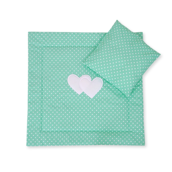 Baby pram bedding set 2pcs- Hanging hearts white dots on mint
