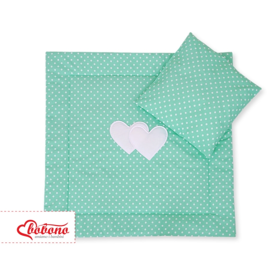 Baby pram bedding set 2pcs- Hanging hearts white dots on mint
