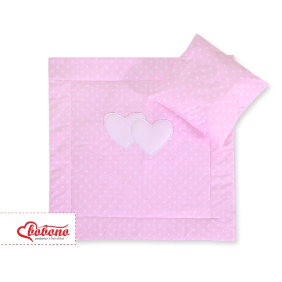 Baby pram bedding set 2pcs- Hanging hearts white dots on pink