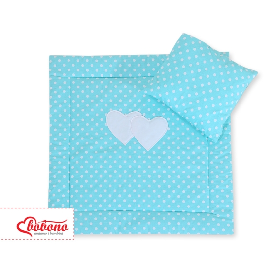 Baby pram bedding set 2pcs- Hanging hearts white dots on turquoise