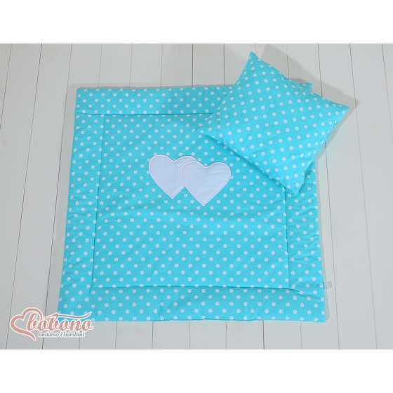 Baby pram bedding set 2pcs- Hanging hearts white dots on turquoise