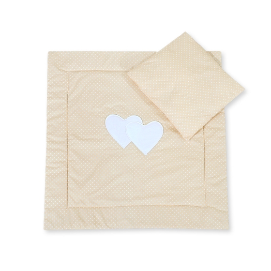 Baby pram bedding set 2pcs- Hanging hearts white polka dots on beige