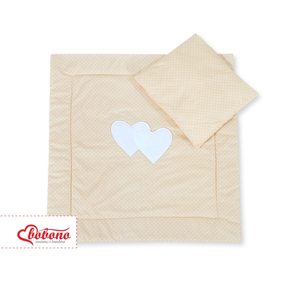 Baby pram bedding set 2pcs- Hanging hearts white polka dots on beige