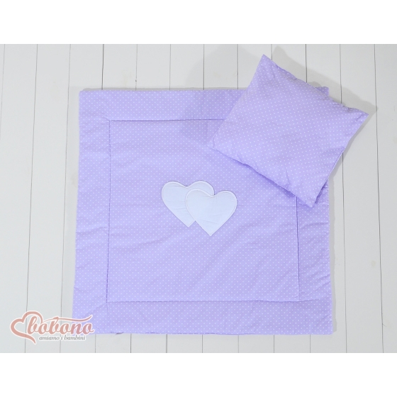 Baby pram bedding set 2pcs- Hanging hearts white polka dots on lilac