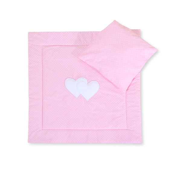 Baby pram bedding set 2pcs- Hanging hearts white polka dots on pink