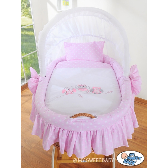 Baby Wicker Crib with Hood - Owls pink