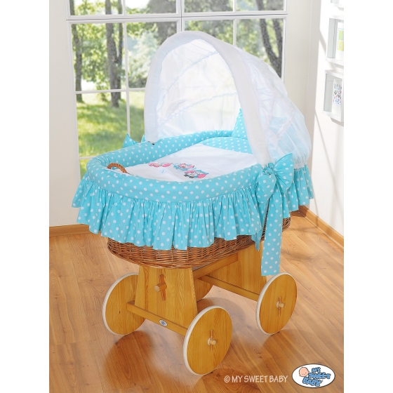 Baby Wicker Crib with Hood - Owls turquoise