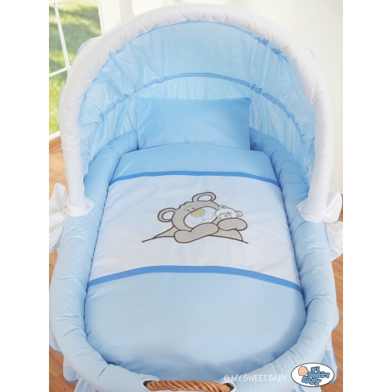 Baby Wicker Crib with Hood - Teddy Bear Barnaba blue