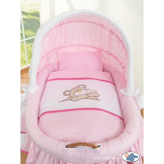 Baby Wicker Crib with Hood - Teddy Bear Barnaba pink