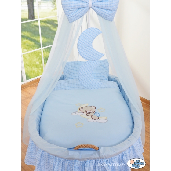 Baby Wooden Basket on Wheels / Wicker drape crib- Good night blue