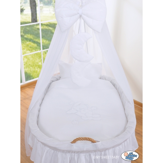 Baby Wooden Basket on Wheels / Wicker drape crib- Good night white
