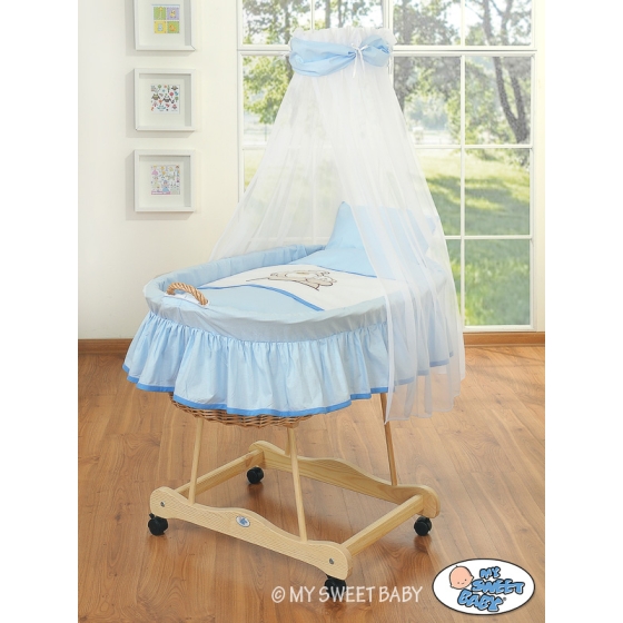 Baby Wooden Basket on Wheels / Wicker drape crib- Teddy Bear Barnaba blue