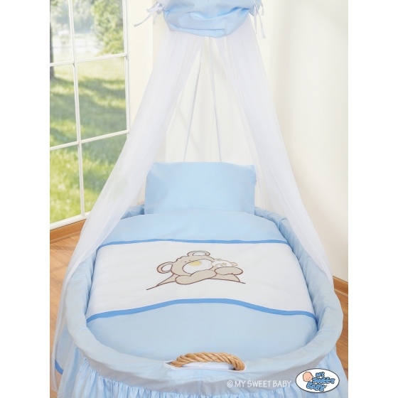 Baby Wooden Basket on Wheels / Wicker drape crib- Teddy Bear Barnaba blue