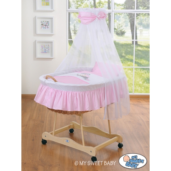 Baby Wooden Moses Basket on Wheels / Wicker drape crib- Donkey Luca pink
