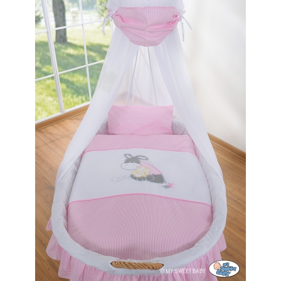 Baby Wooden Moses Basket on Wheels / Wicker drape crib- Donkey Luca pink