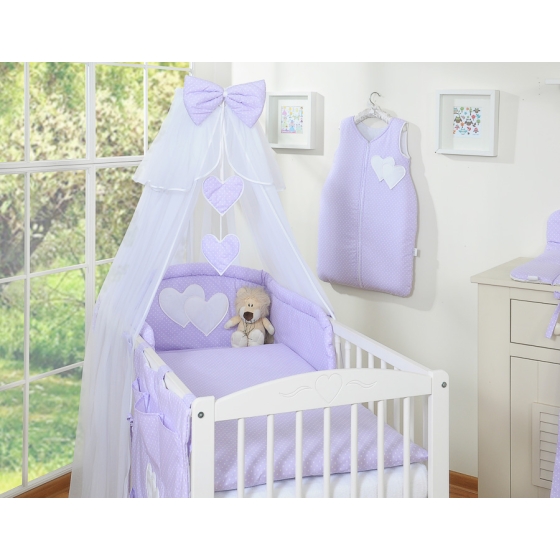 Babybed Bedding set 5-pcs with mosquito-net- Hanging Hearts white polka dots on lilac