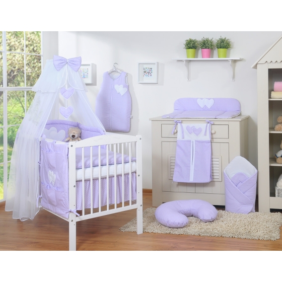Babybed Bedding set 5-pcs with mosquito-net- Hanging Hearts white polka dots on lilac