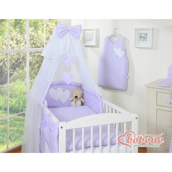 Babybed Bedding set 5-pcs with mosquito-net- Hanging Hearts white polka dots on lilac