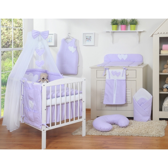 Babybed Bedding set 5-pcs with mosquito-net- Hanging Hearts white polka dots on lilac