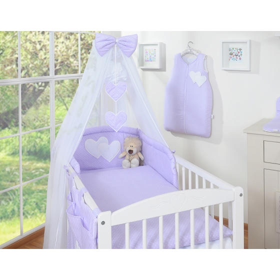Babybed Bedding set 5-pcs with mosquito-net- Hanging Hearts white polka dots on lilac