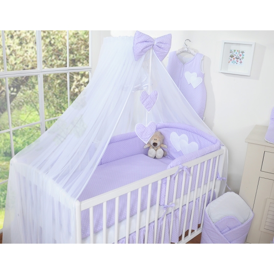 Babybed Bedding set 5-pcs with mosquito-net- Hanging Hearts white polka dots on lilac