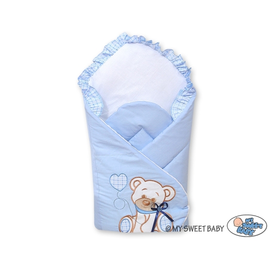 Babynest Newborn Wrap Blanket with stiffening- Bear with bow blue