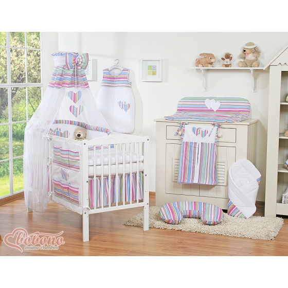 Bedding set 11-pcs with canopy and Holder - Hanging Hearts lilac stripes
